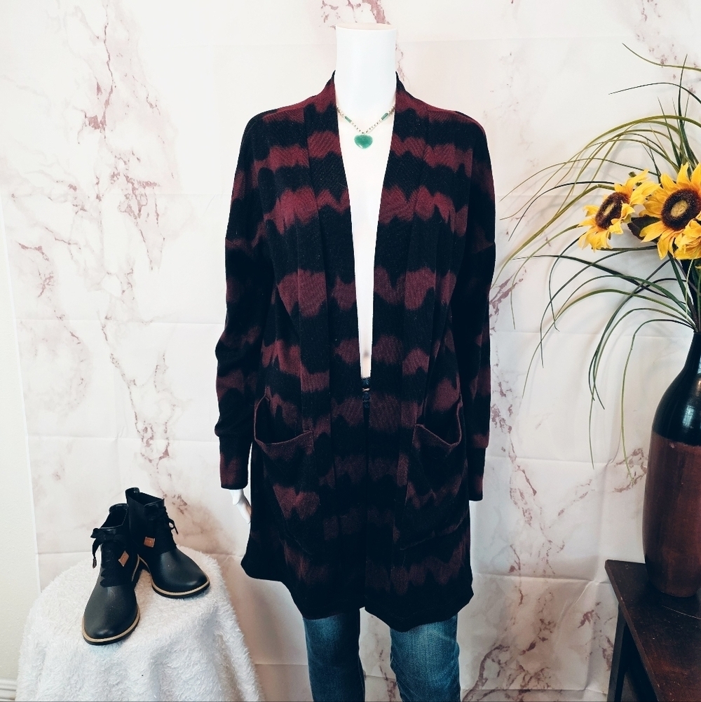 Anthropologie Sanctuary Long Open Front Cardigan Burgundy Black Cozy Sweater S